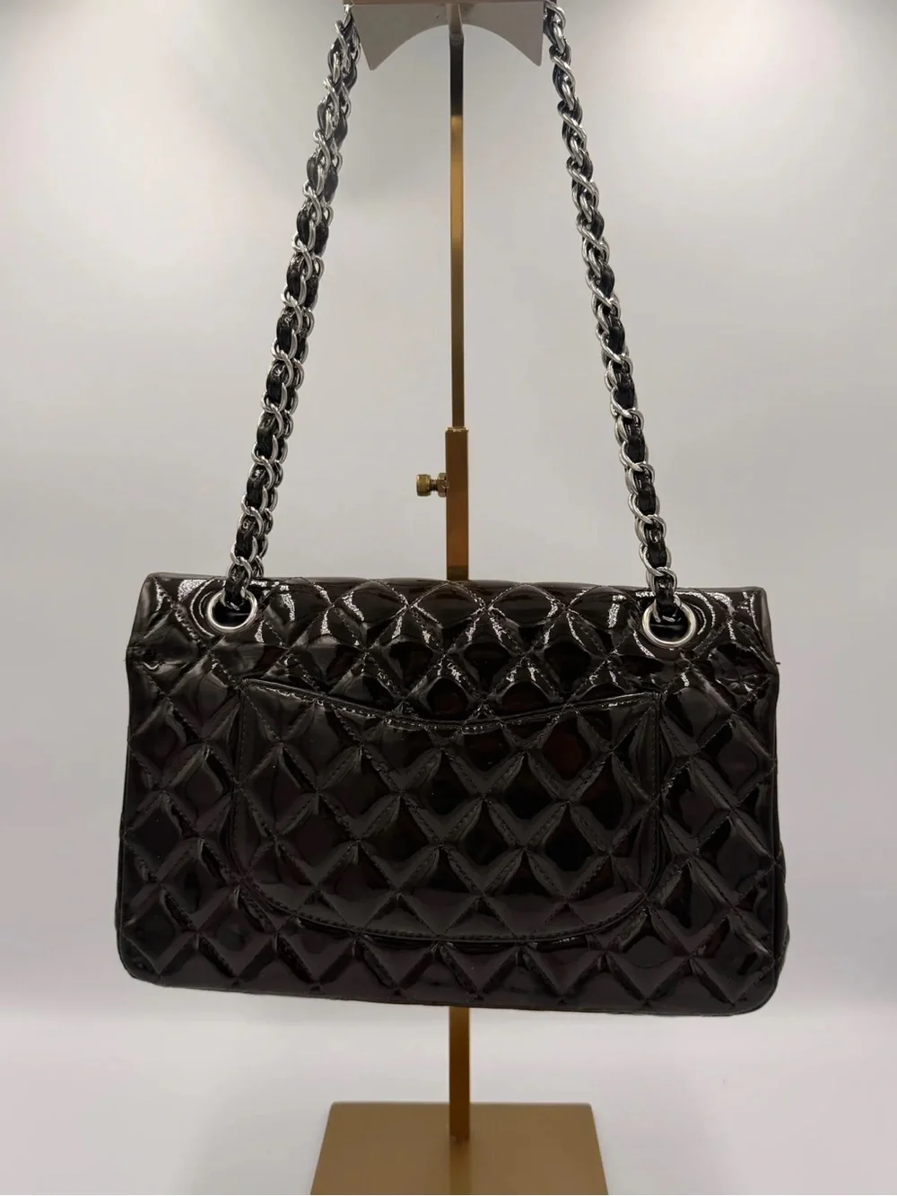 Chanel Classic Medium Double Flap — Dark Brown Patent Silver HW